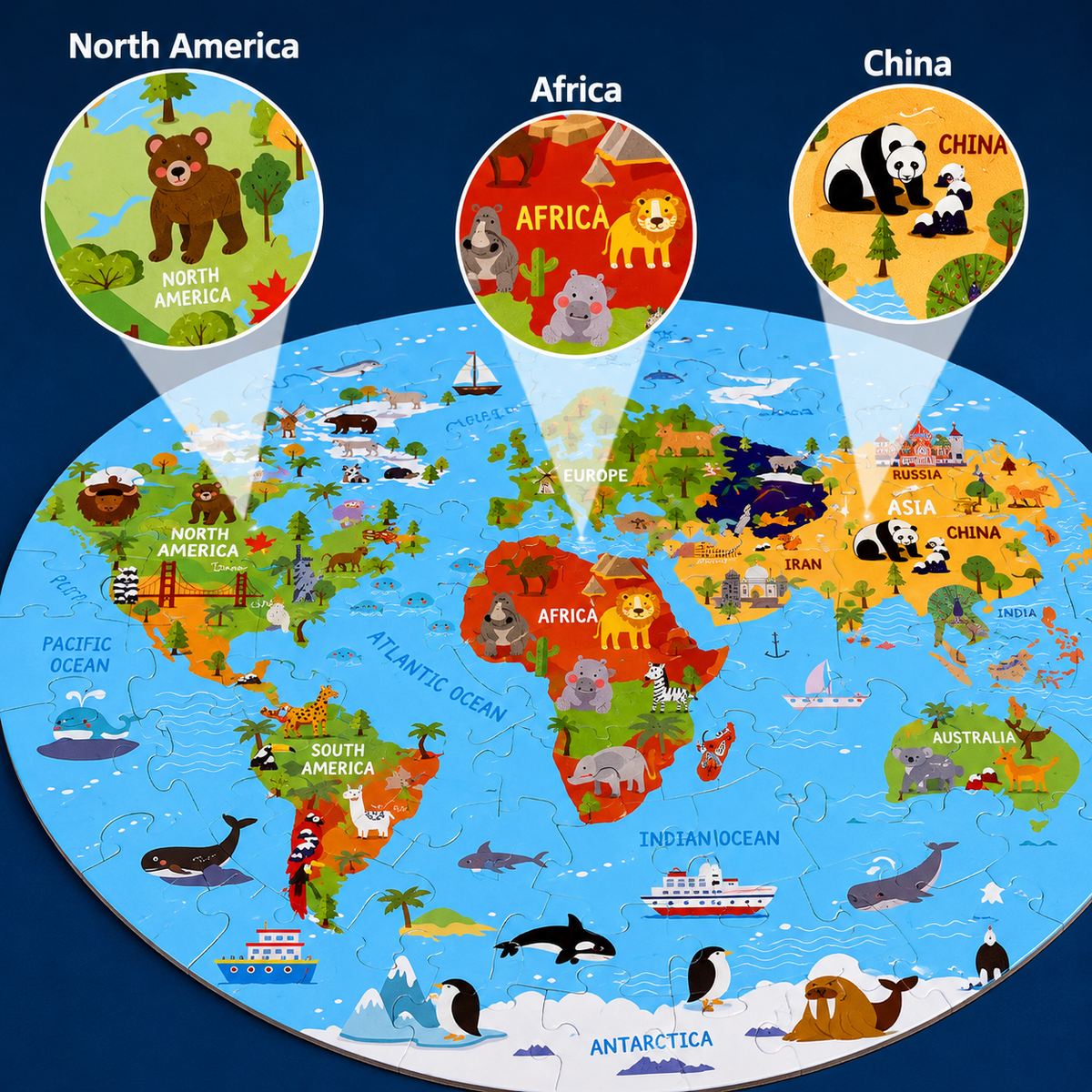 Puzzle carte du monde 70 pièces – Animaux ou licorne
