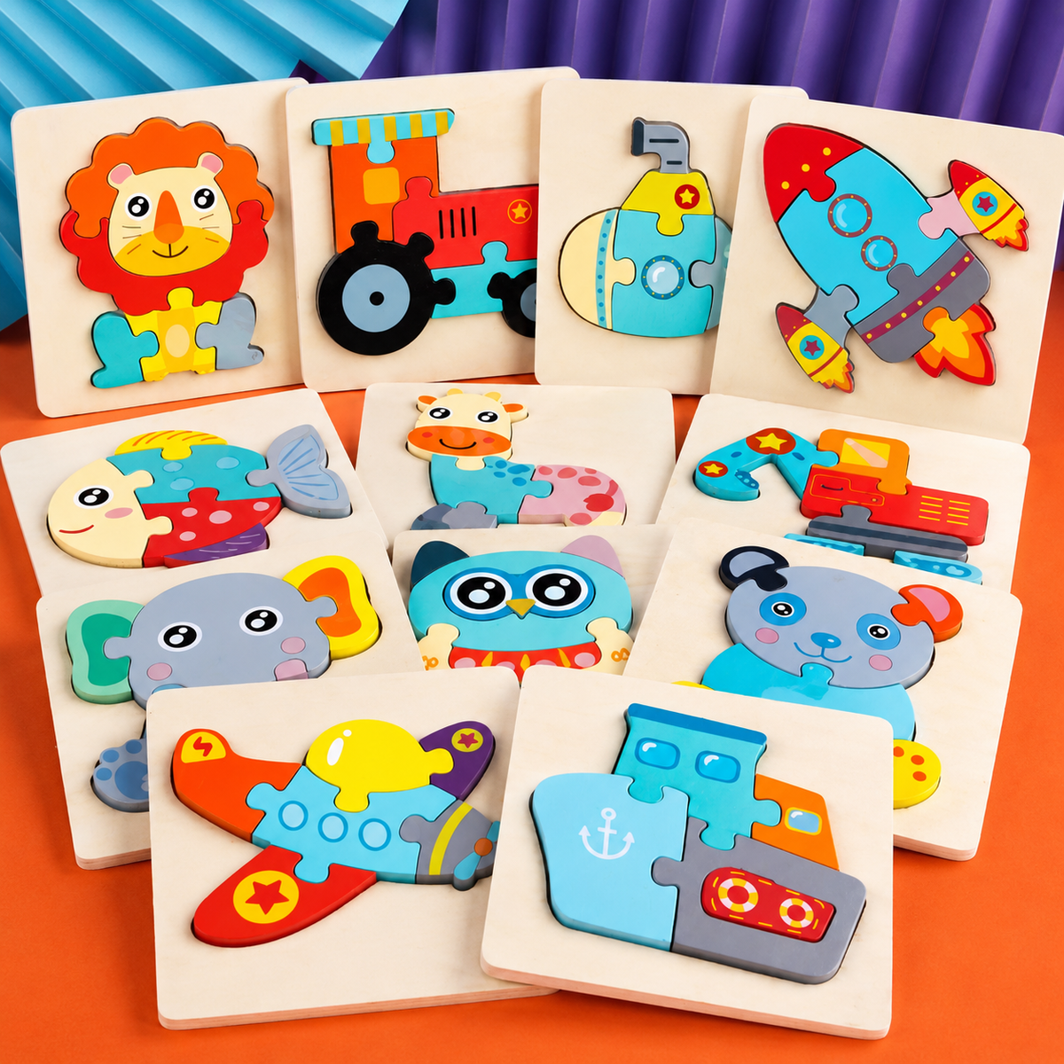 Puzzle 3D en bois animaux et véhicules