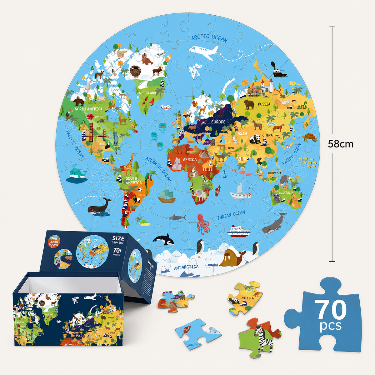 Puzzle carte du monde 70 pièces – Animaux ou licorne