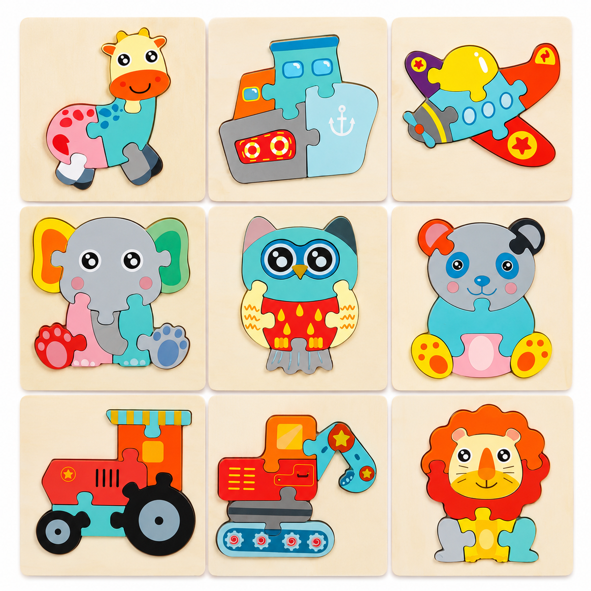 Puzzle 3D en bois animaux et véhicules