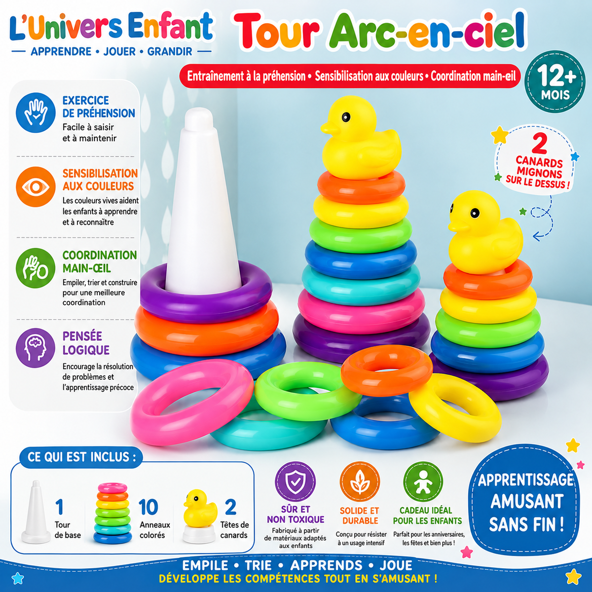 Tour à empiler Montessori avec anneaux et canard