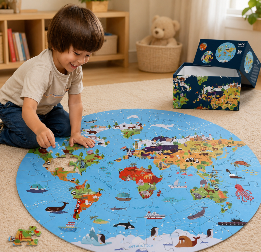 Puzzle carte du monde 70 pièces – Animaux ou licorne