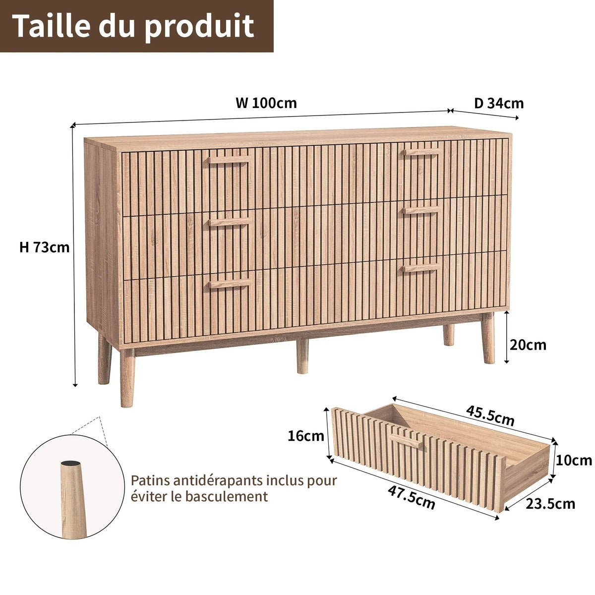 Dimension commode 6 tiroirs en bois - Espace Enfant