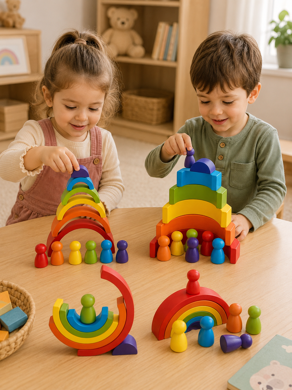 Arc-en-ciel Montessori en bois avec figurines