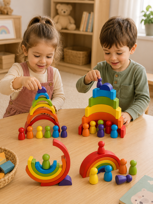 Arc-en-ciel Montessori en bois avec figurines