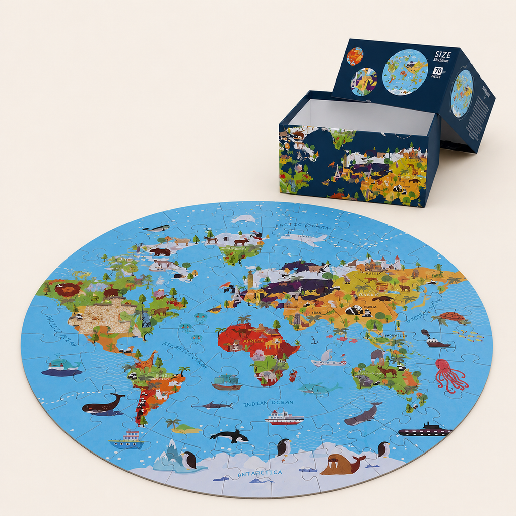 Puzzle carte du monde 70 pièces – Animaux ou licorne