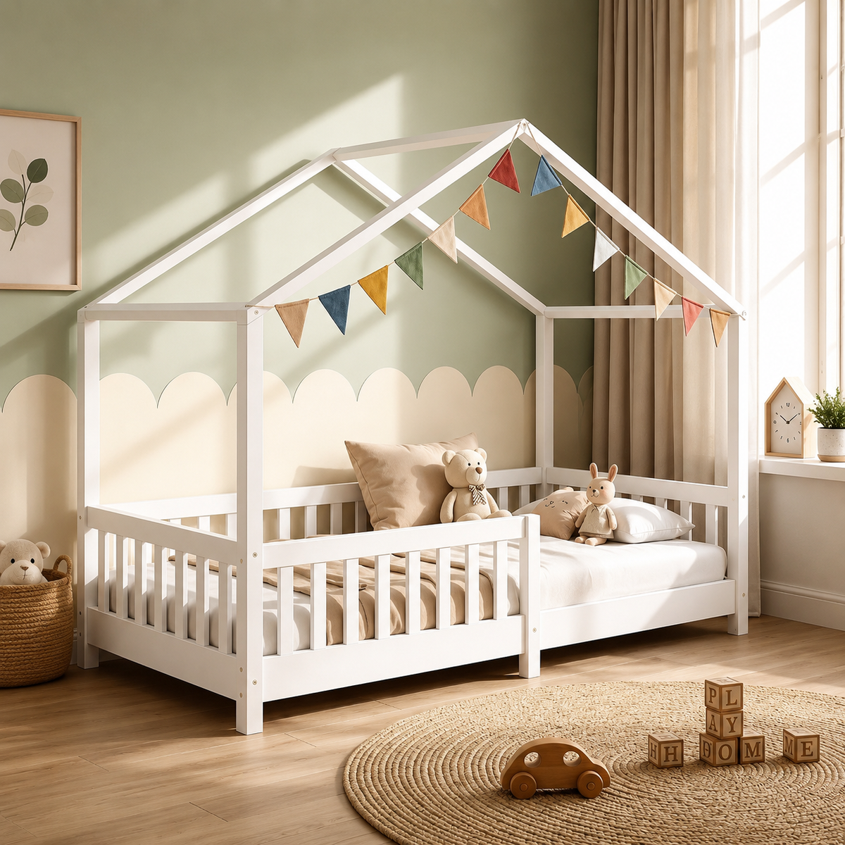 Lit cabane Montessori avec barrière de sécurité – 90 x 200 cm