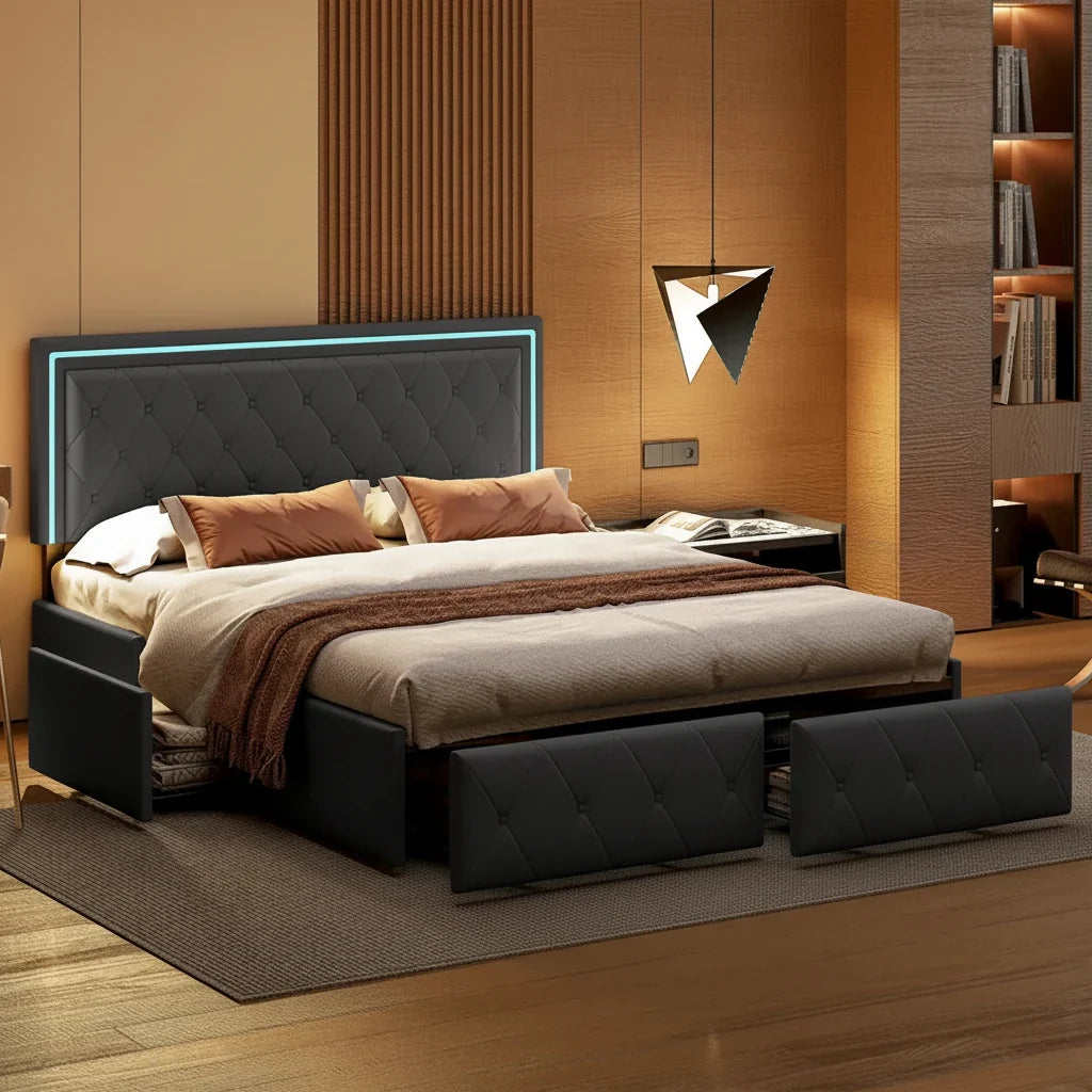 Lit led coffre gris foncé chambre ado
