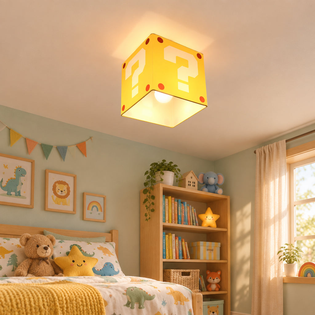 Plafonnier enfant point d’interrogation jaune en tissu