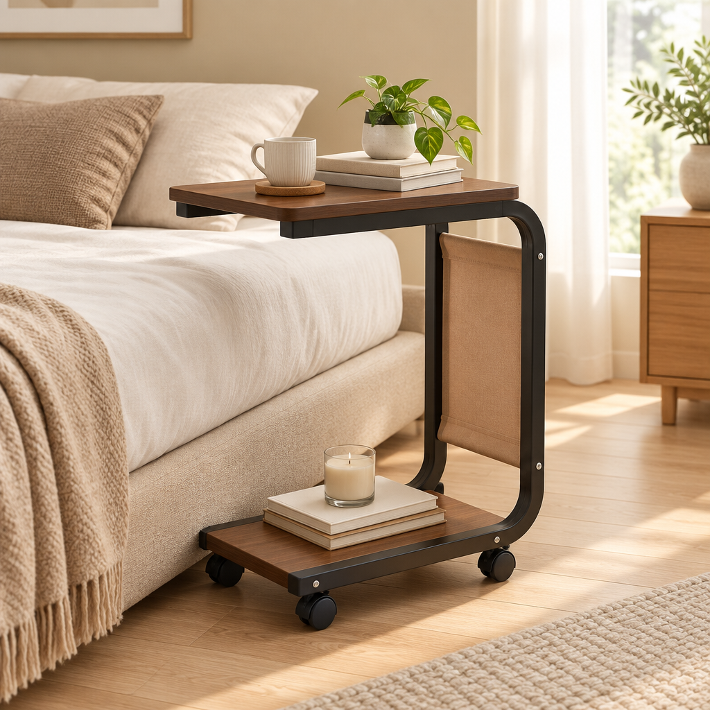 Table de chevet en bois et métal à roulettes installée près d’un lit