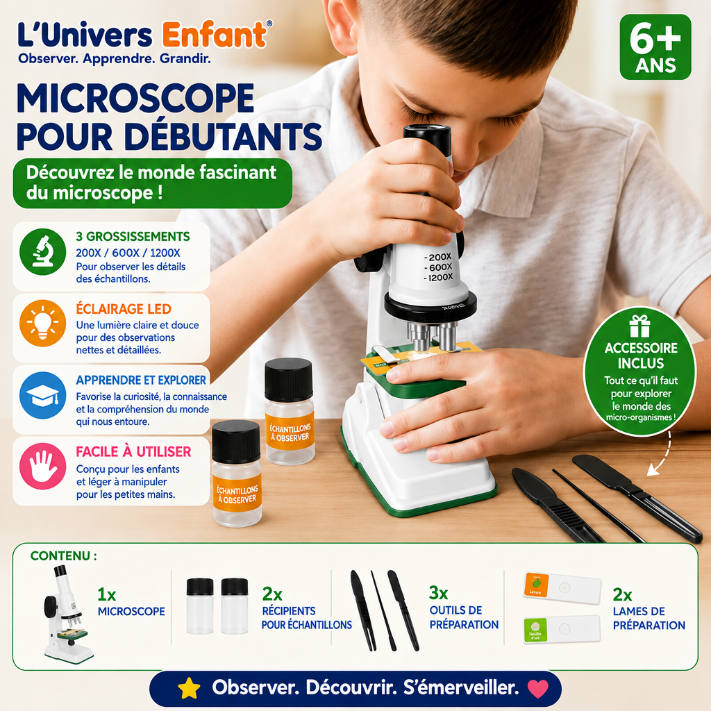 Microscope 1200x pour enfants avec texte en français