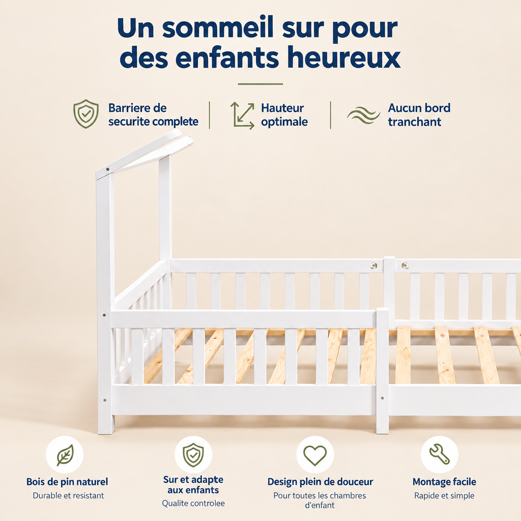Lit cabane Montessori avec barrière de sécurité – 90 x 200 cm