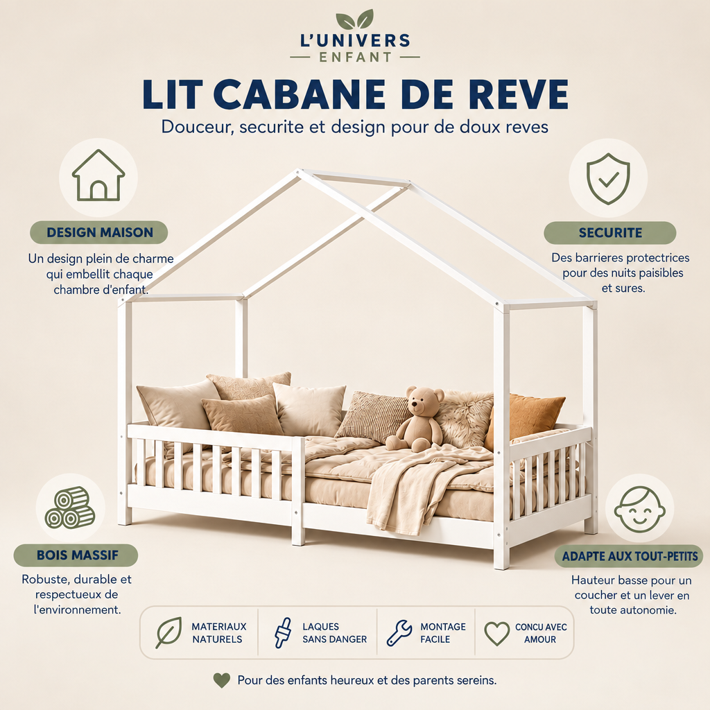 Lit cabane Montessori avec barrière de sécurité – 90 x 200 cm