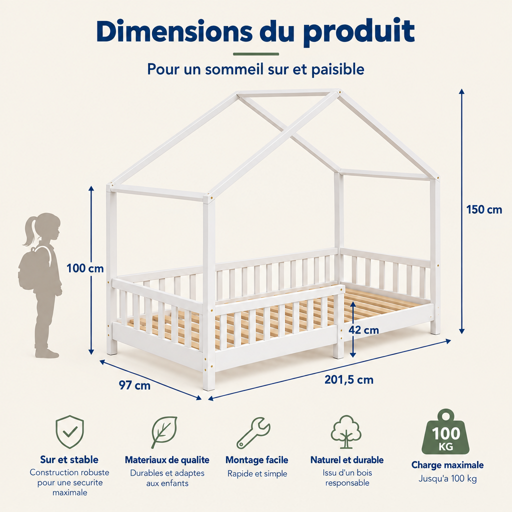 Lit cabane Montessori avec barrière de sécurité – 90 x 200 cm