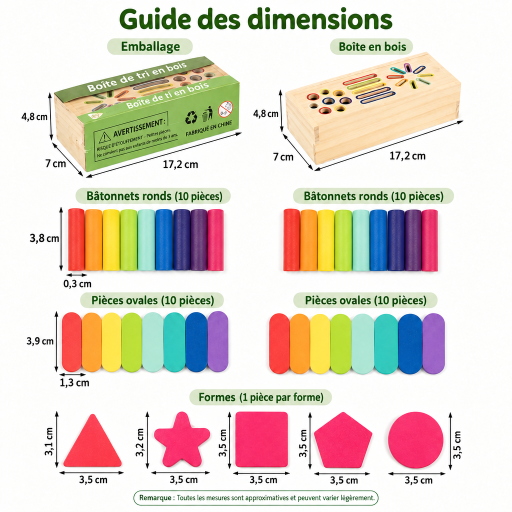 Boîte de tri Montessori en bois avec texte en français