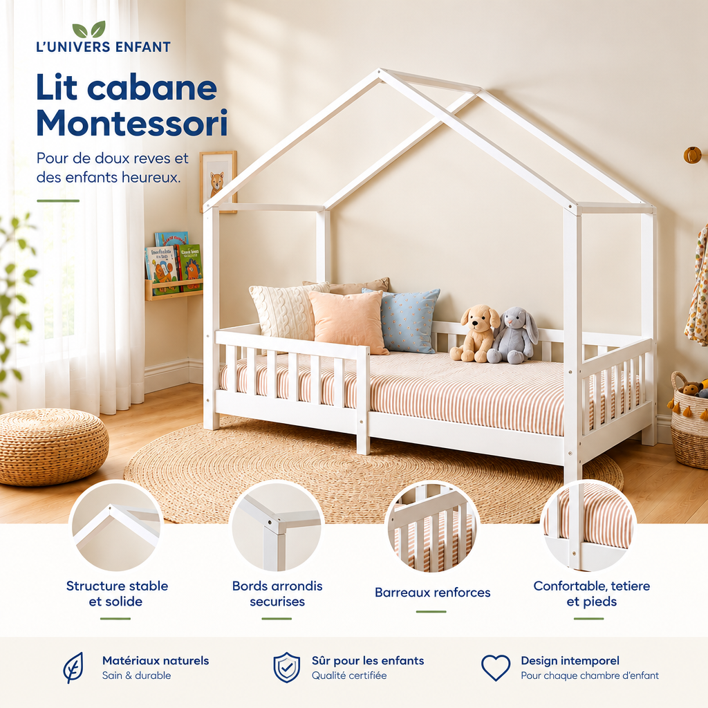 Lit cabane Montessori avec barrière de sécurité – 90 x 200 cm
