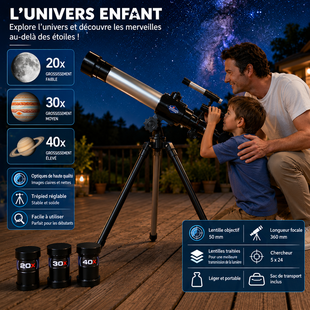 Télescope pour enfants avec trépied et texte en français