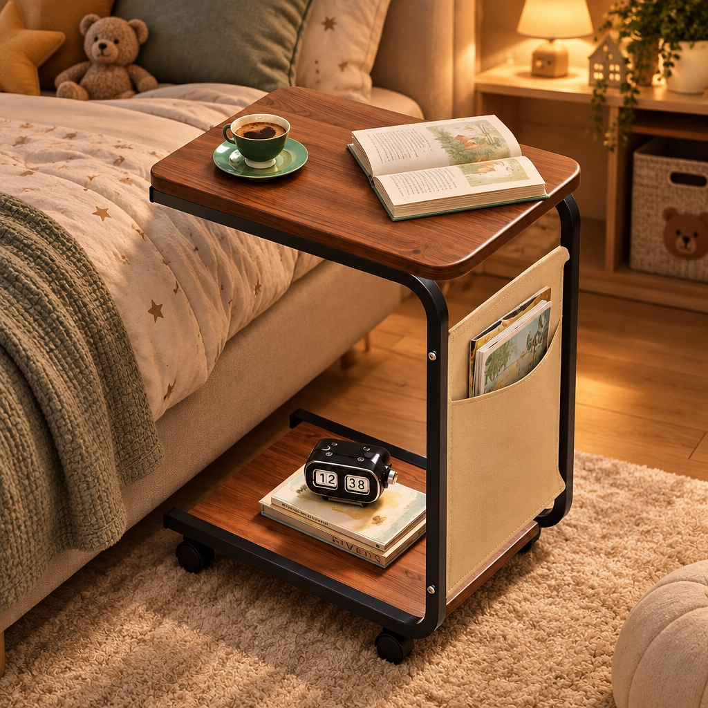 Table de chevet roulante avec poche de rangement dans une chambre chaleureuse