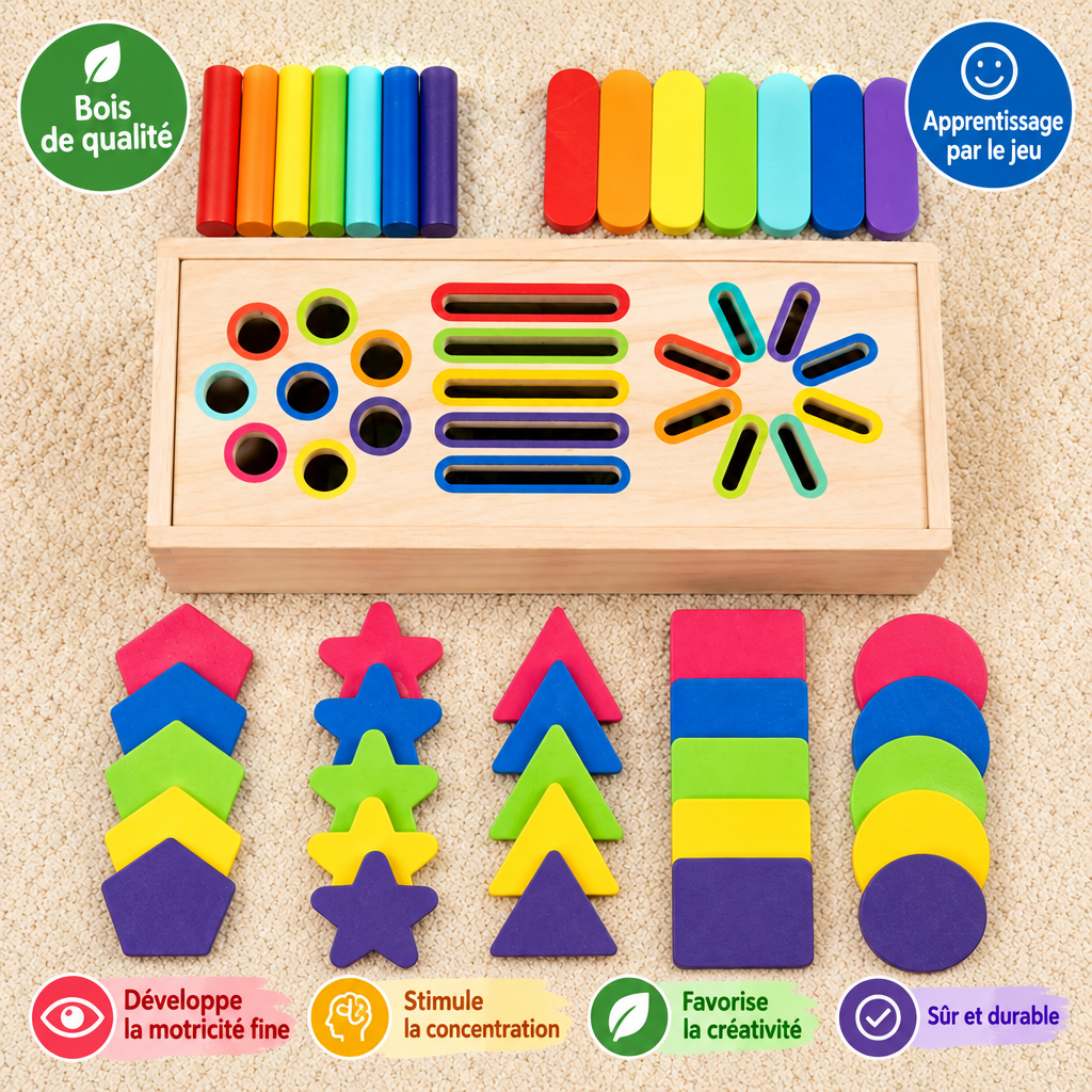 Boîte de tri Montessori en bois avec texte en français