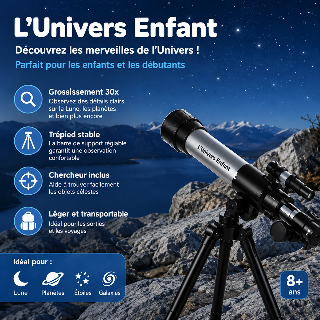 Télescope pour enfants avec trépied et texte en français