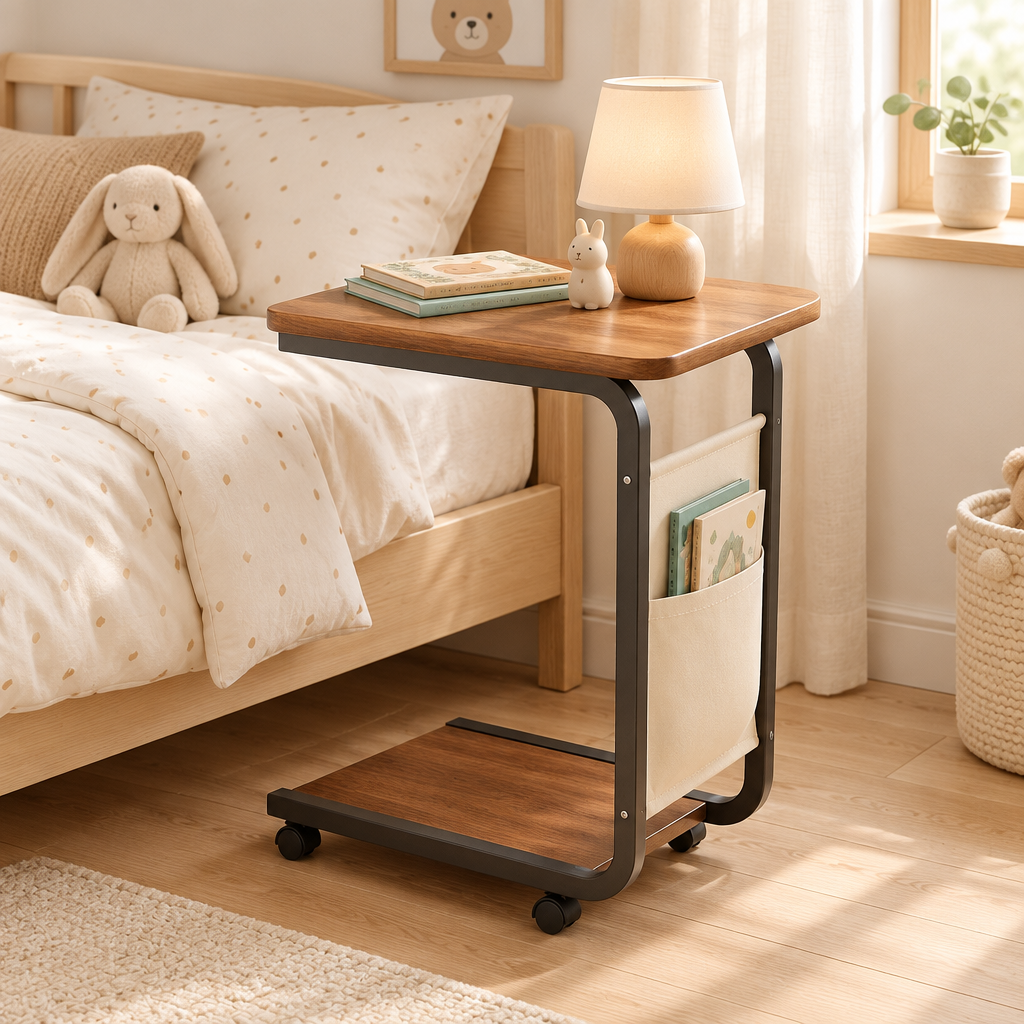 Table de chevet roulante avec rangement dans une chambre enfant lumineuse