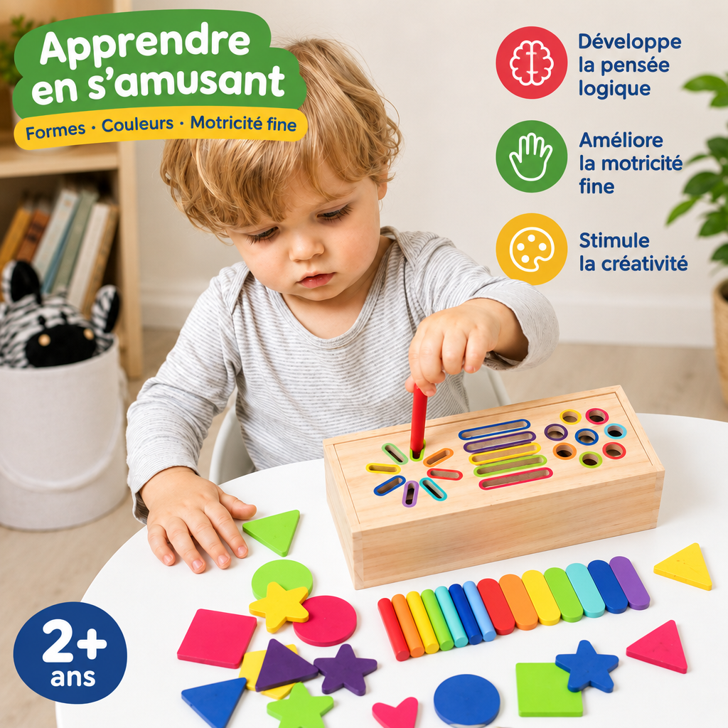 Boîte de tri Montessori en bois avec texte en français