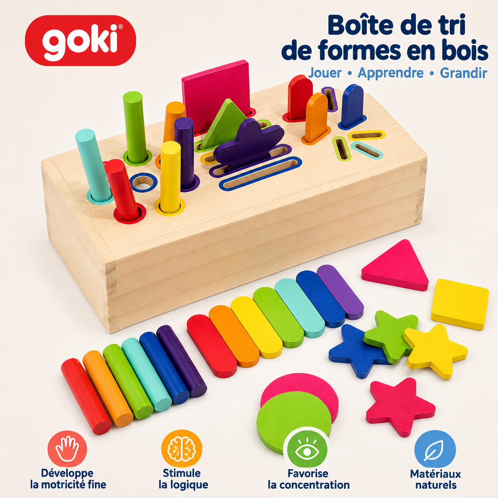 Boîte de tri Montessori en bois avec texte en français