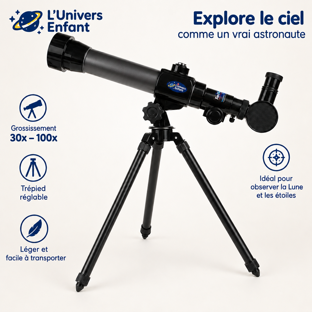 Télescope pour enfants avec trépied et texte en français