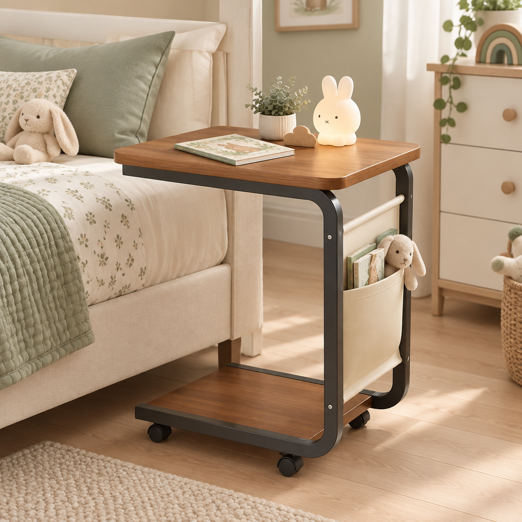 Table de chevet mobile avec rangement près d’un lit dans une chambre bébé