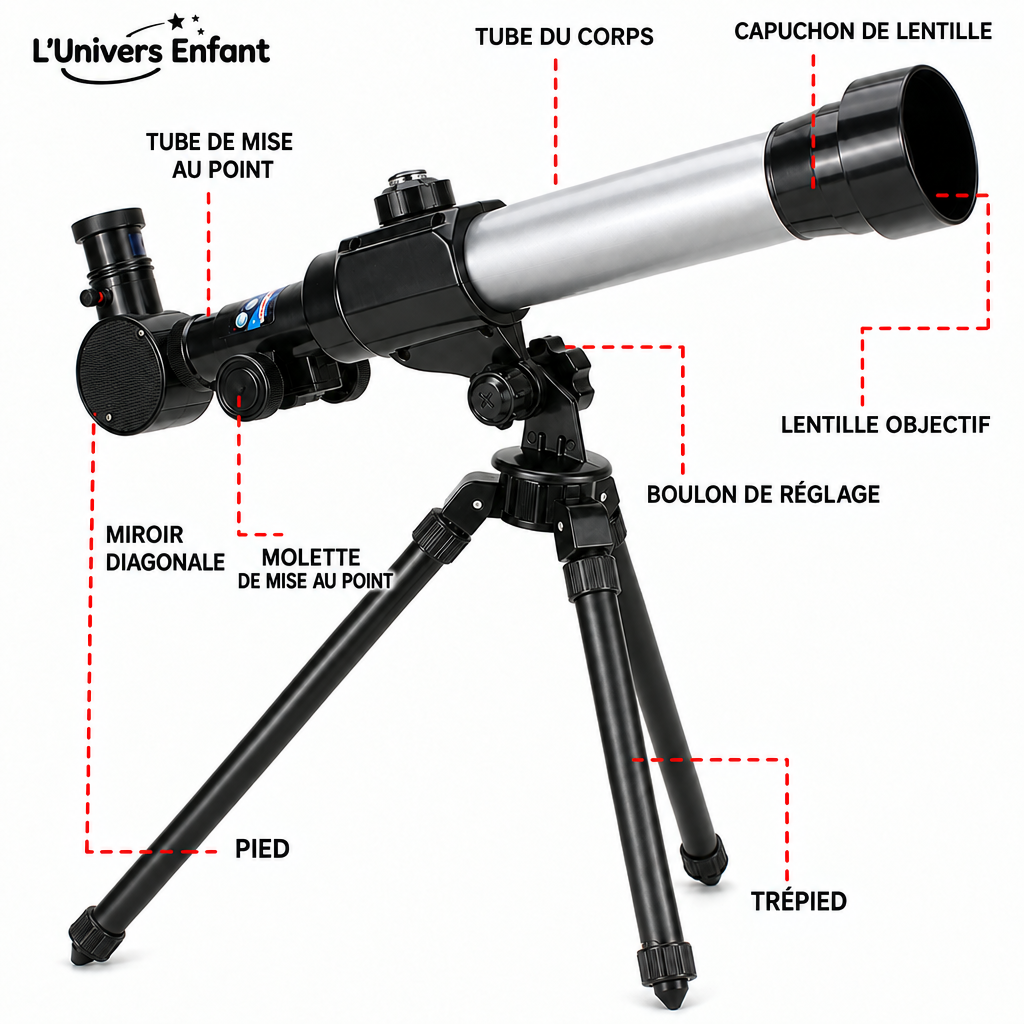 Télescope pour enfants avec trépied et texte en français
